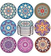 LIFVER 8 Packs Absorbent Drink Coaster Sets, Mandala Style Ceramic Coasters with Holder, 4 Inches...