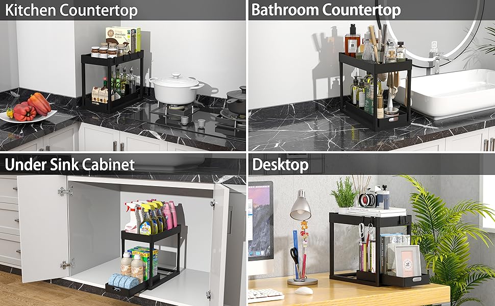 Under Sink Organizer Rack Under Sliding Cabinet Basket Organizer for Bathroom Kitchen Desktop